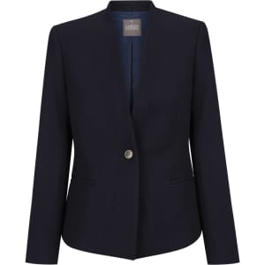 A navy blue women's crop jacket with a single button closure and structured silhouette. Features a logo on the inside.
