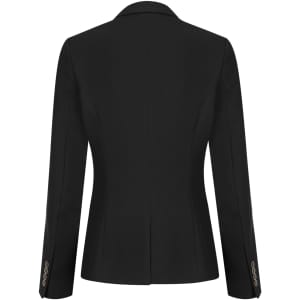 A women's black blazer featuring a tailored fit and long sleeves with button details. It includes a logo.