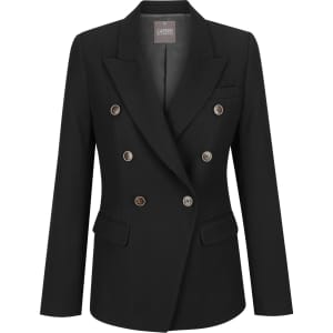 A black double-breasted blazer featuring gold buttons and structured lapels, with front pockets and a tailored fit.