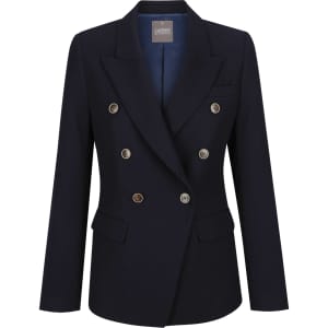 A navy women's blazer featuring double-breasted design and gold buttons, with a structured fit and notched lapels.