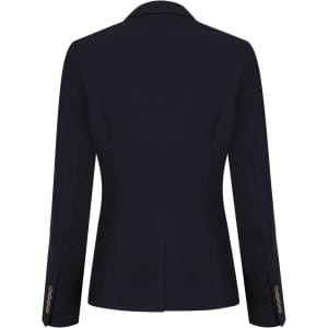 A women's blazer in navy blue, featuring a tailored silhouette and button details on the sleeves.