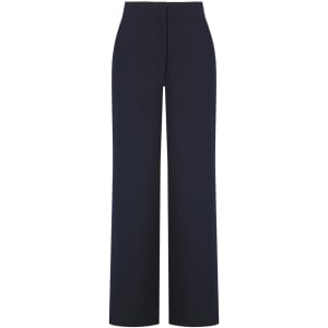 A pair of navy wide leg pants with a high waist and a seamless design. The pants also feature a logo.