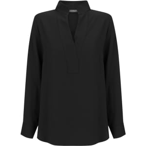 Asha Long Sleeve Top in black, featuring a collarless design and long sleeves. Includes a branding logo.