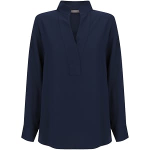 A navy long sleeve top with a collarless neckline and long sleeves, featuring a relaxed fit and branding.
