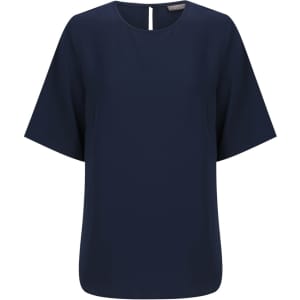 A navy short sleeve top with a rounded neckline and a small opening at the back, featuring a logo.