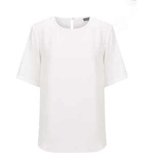 A white short sleeve top with a round neckline and a back button closure, featuring a simple design and smooth fabric.