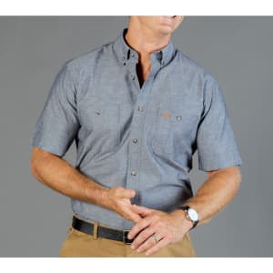 A short-sleeved grey work shirt featuring a button-down collar and two chest pockets. The shirt has a logo.