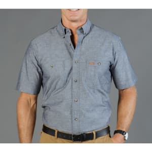 A grey short-sleeved work shirt with a collar, featuring two chest pockets and a logo on the front.
