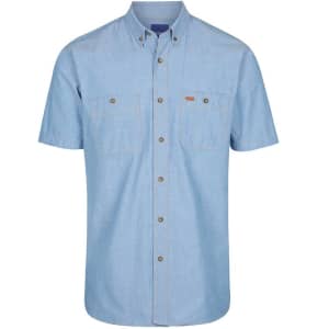 A short-sleeved, light blue work shirt with two chest pockets and a logo. Buttoned front and collar design.