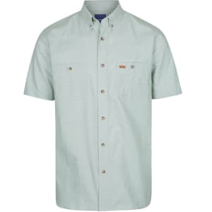 A light green, short-sleeved work shirt features button details and a logo. Two chest pockets are included.