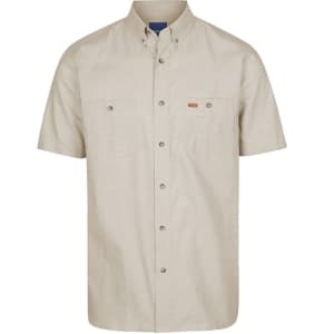 A short-sleeved work shirt in a light beige colour with two chest pockets and a logo.