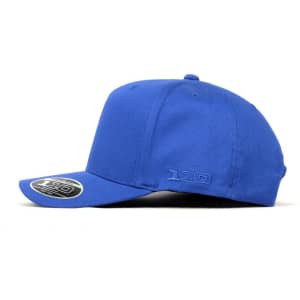 A blue cap with a structured design and a curved brim, featuring a logo on the side.