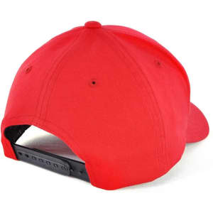 A red cap featuring a branded logo, showcasing the back view and adjustable strap.