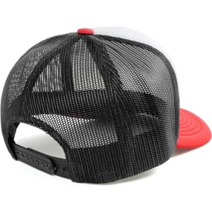 A red and white trucker cap featuring a mesh back and an adjustable strap. It has a logo on the front.