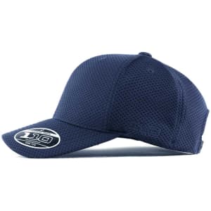 A navy blue cap with a structured design, featuring a logo on the side and a mesh texture.