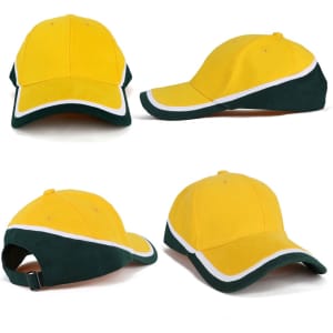 A cap with a yellow crown and green brim, featuring a white trim and an adjustable back. It has a logo.