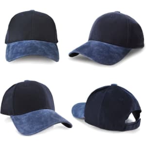 A cap in navy blue with a suede peak, featuring a logo and multiple angles displayed.