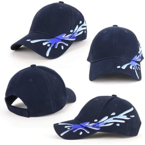 A navy cap featuring a splash design with a logo. It has a classic curved brim and an adjustable strap.