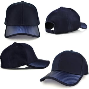 A dark navy cap featuring a textured carbon fibre-style peak and a rear opening. The cap has a simple logo.