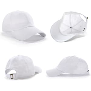 A white unstructured cap featuring a curved brim and an adjustable back strap. It has a logo on the side.