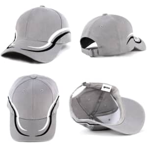 A grey cap with white and black detailing, featuring a curved design and a strap at the back. It has a logo.