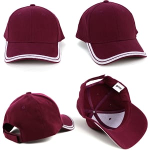 A maroon cap with double white piping, featuring a curved brim and an adjustable strap at the back. It has a logo.