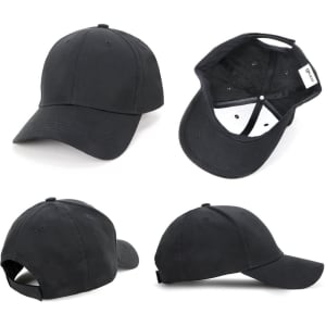 A black 100% cotton cap displayed from multiple angles, featuring a logo on the exterior.