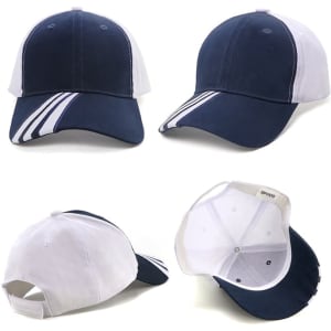 A navy and white cap featuring a logo, with a curved brim and adjustable back.