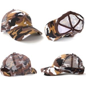 A camo-patterned 6-panel cap in shades of brown and green, featuring a mesh back and a logo.