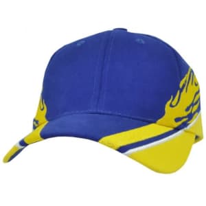 A blue and yellow cap featuring flame designs and a logo on the front.