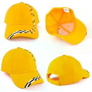 A yellow cap featuring a checkered pattern along the side and a logo. It has a curved brim and adjustable back.