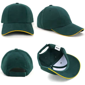 A green cap with a yellow trim featuring a logo, showing multiple angles including inside view.