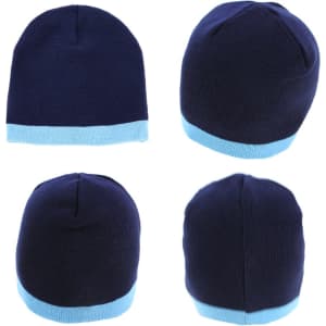 Acrylic two-tone beanie featuring a navy blue body with a light blue cuff. Displays multiple angles of the product.
