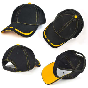A black cap with yellow stitching and accents, featuring a logo and adjustable back strap.