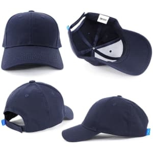 A navy blue cap featuring a structured design and an adjustable strap, with an internal logo.