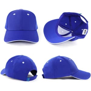 A blue PET/Cotton sandwich cap with contrasting trim, featuring a logo and a secure adjustable strap at the back.