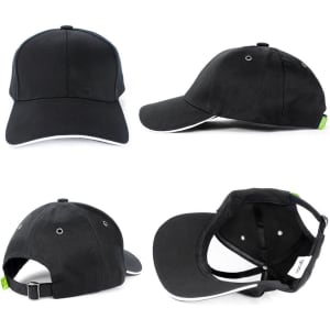 A black organic cotton sandwich cap with a white accent. It features a logo and has adjustable sizing at the back.