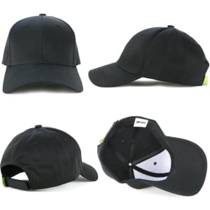 A black organic cotton cap featuring a curved peak and adjustable strap, displaying a logo on the back.