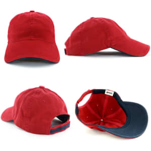 A red cap with a navy peak and underside, featuring a logo. Multiple angles are shown.
