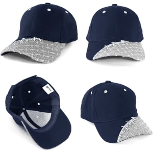 A navy cap featuring a patterned brim and logo, showcased from multiple angles.