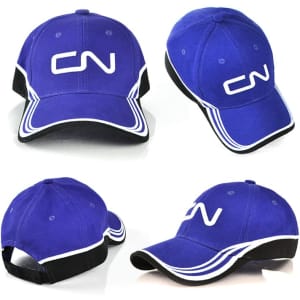 A blue cap featuring a black brim and a logo on the front, with white accent stripes on the sides.