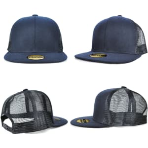A navy blue adult snapback cap featuring a solid front and mesh back, with a branding logo present.