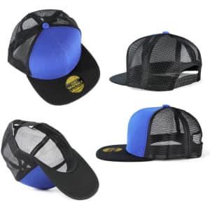 A blue and black kids snapback cap featuring a mesh design and a logo on the front.