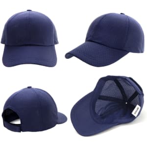 A navy blue Polymesh Cap featuring a structured design and a mesh back, with a logo displayed.