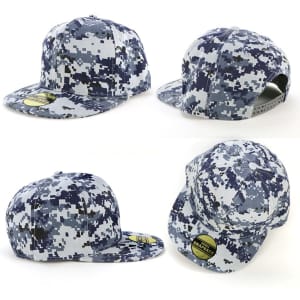 A patterned cap featuring shades of grey and blue, with a curved peak and a branded logo.