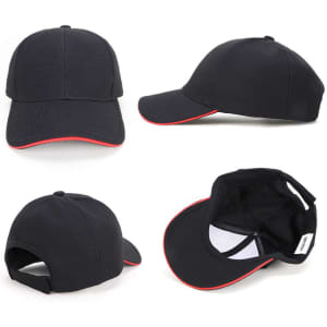 A black cap with a mesh design and red accents, featuring a logo and various angles displayed.