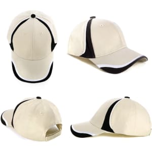 A beige cap with black accents and a logo, featuring a traditional baseball cap design and a curved brim.