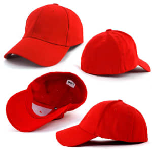A red cotton spandex cap featuring a curved brim and an internal label, showcasing multiple views of the product.