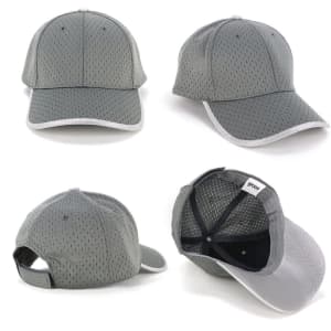A grey waffle mesh cap with contrasting trim, featuring a logo, shown from multiple angles.