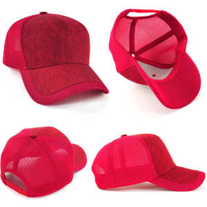 A red cap with a mesh back and a solid front, featuring a logo on the front panel.